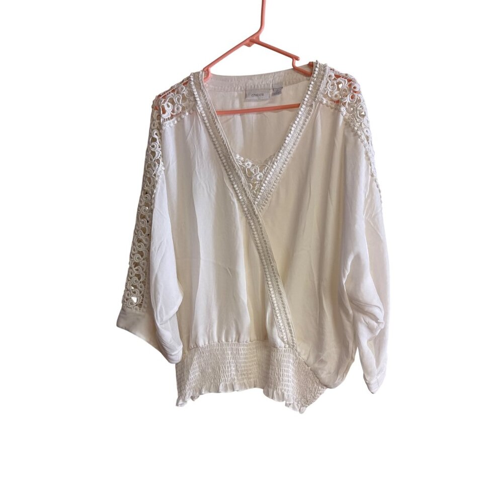 Chicos White Crochet Trim Wrap Style Blouse Size 2 Elegant & Breezy Top